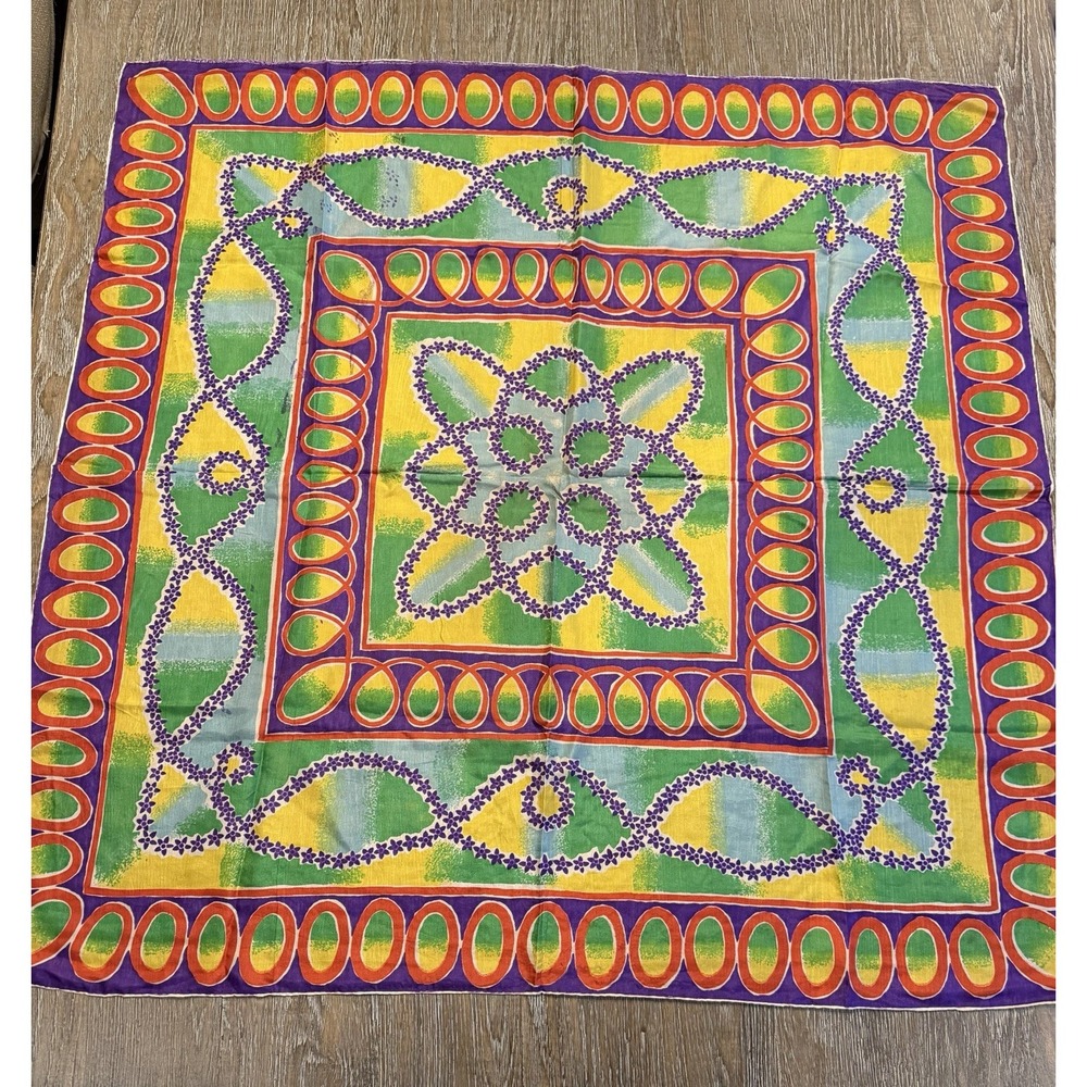 VTG Pure Silk Hand Printed And Rolled Scarf Made in Japan 34" Sq Geometric EUC